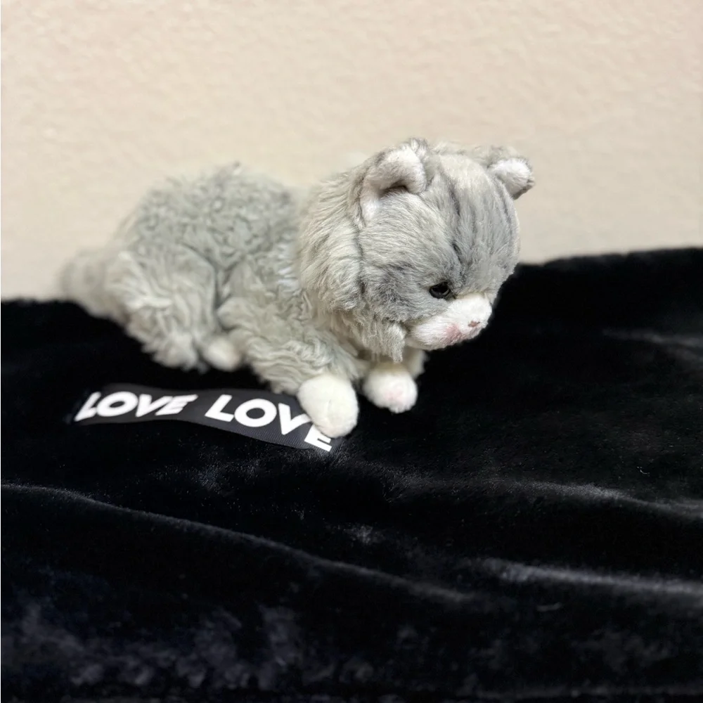 Demdaco Gray and White Plush Cat with Black Bed